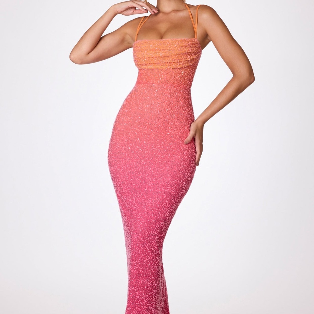 Embellished Maxi Dress in Red/Pink and Orange Ombré